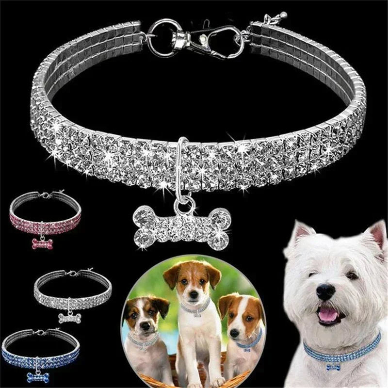 Dog Collar Pitbull Pug Bone Pendant Crystal Cat Collars Small Medium